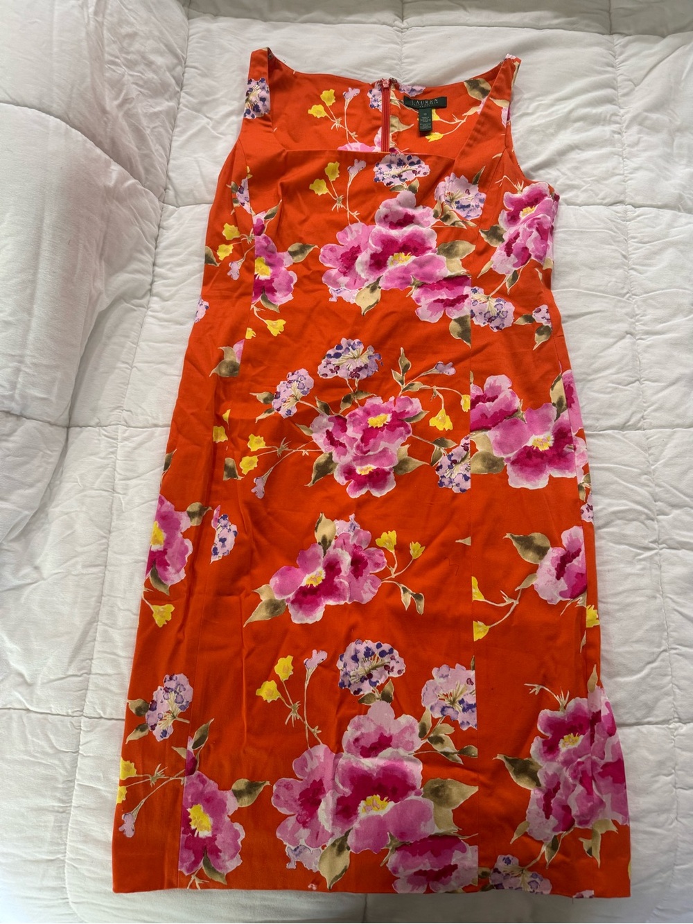 Lauren Ralph Lauren Orange Midi Dress with Pink Floral Print